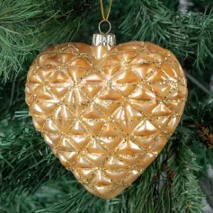 Ёлочная игрушка Glass Glitter 3D Textured Heart Gold 12 cm